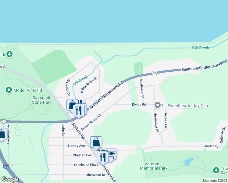 map of restaurants, bars, coffee shops, grocery stores, and more near 1051 Sweet Home Road in Niagara Falls