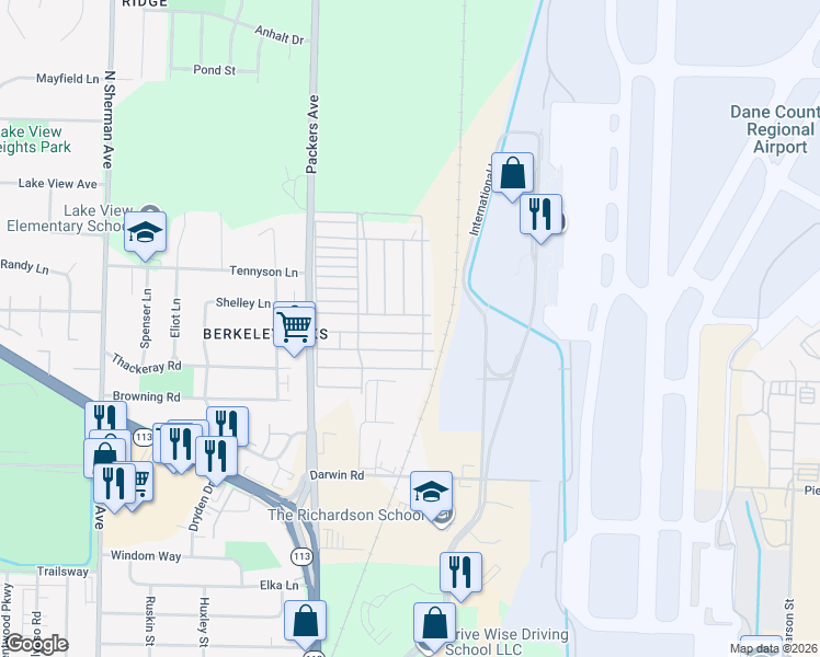 map of restaurants, bars, coffee shops, grocery stores, and more near 499 Blackbird Lane in Madison
