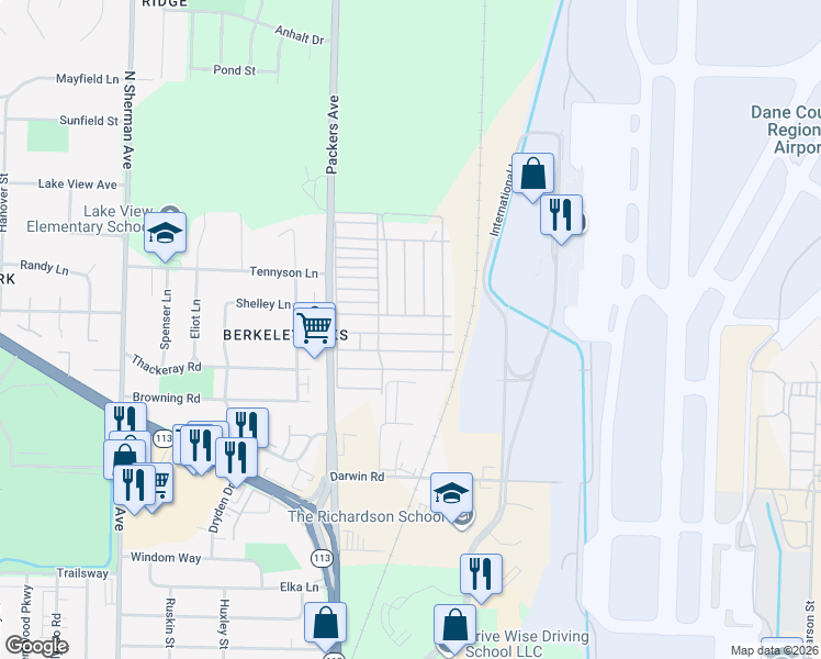 map of restaurants, bars, coffee shops, grocery stores, and more near 499 Blackbird Lane in Madison