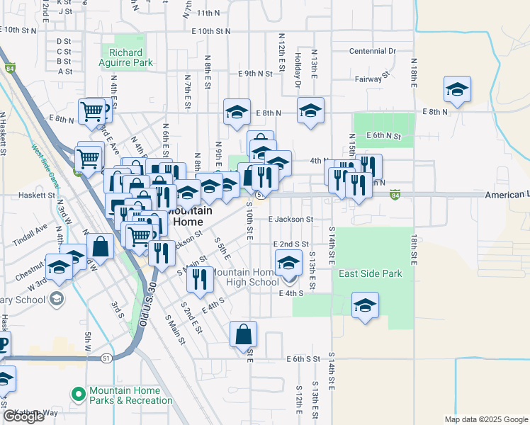 map of restaurants, bars, coffee shops, grocery stores, and more near 120 South 11th East in Mountain Home