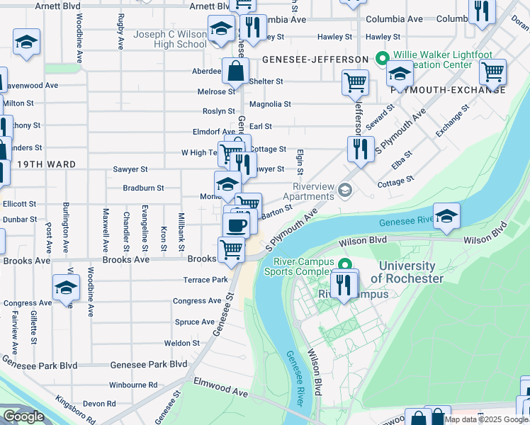 map of restaurants, bars, coffee shops, grocery stores, and more near 1400 South Plymouth Avenue in Rochester