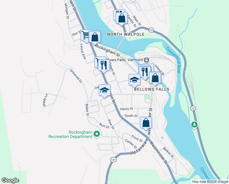 map of restaurants, bars, coffee shops, grocery stores, and more near 35 School Street in Town of Rockingham