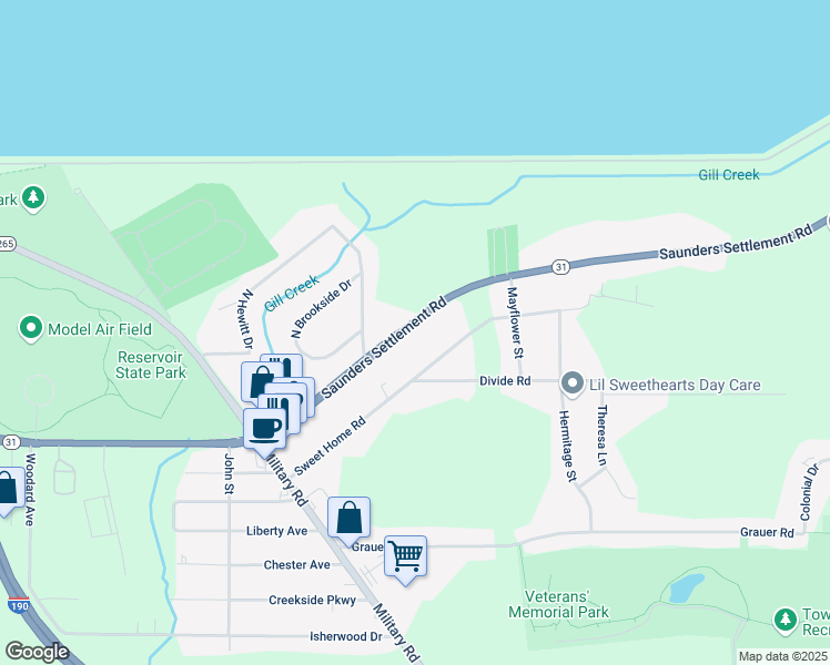 map of restaurants, bars, coffee shops, grocery stores, and more near 1051 Sweet Home Road in Niagara Falls