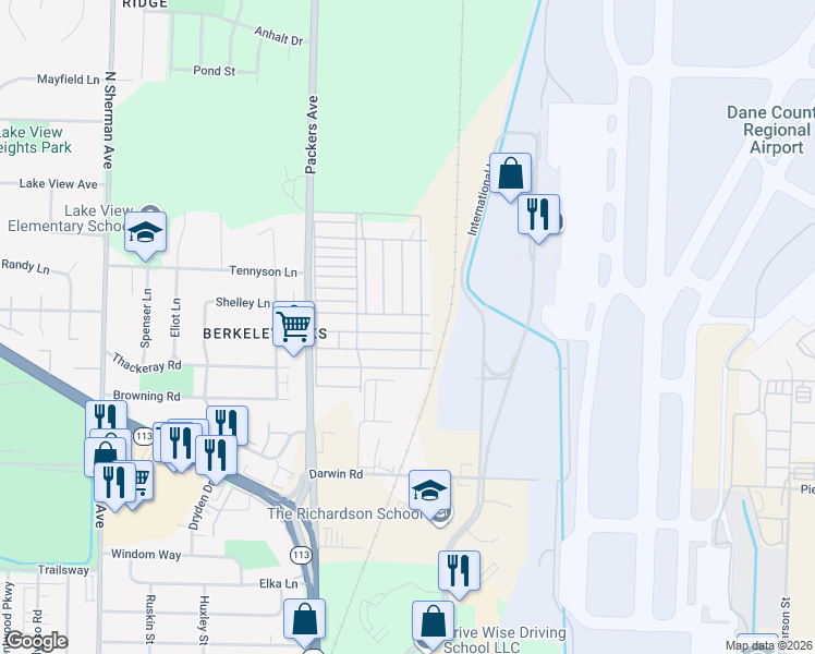 map of restaurants, bars, coffee shops, grocery stores, and more near 499 Blackbird Lane in Madison