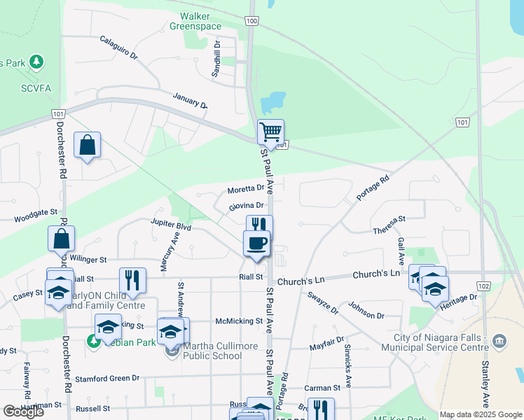 map of restaurants, bars, coffee shops, grocery stores, and more near 6240 Giovina Drive in Niagara Falls