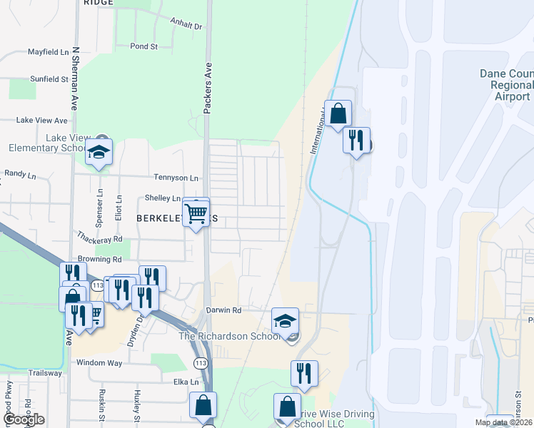 map of restaurants, bars, coffee shops, grocery stores, and more near 499 Blackbird Lane in Madison