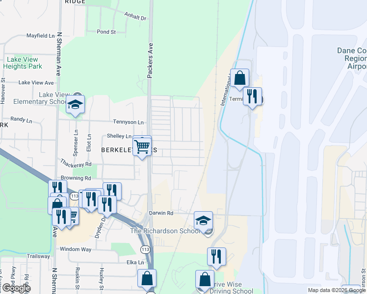 map of restaurants, bars, coffee shops, grocery stores, and more near 499 Blackbird Lane in Madison