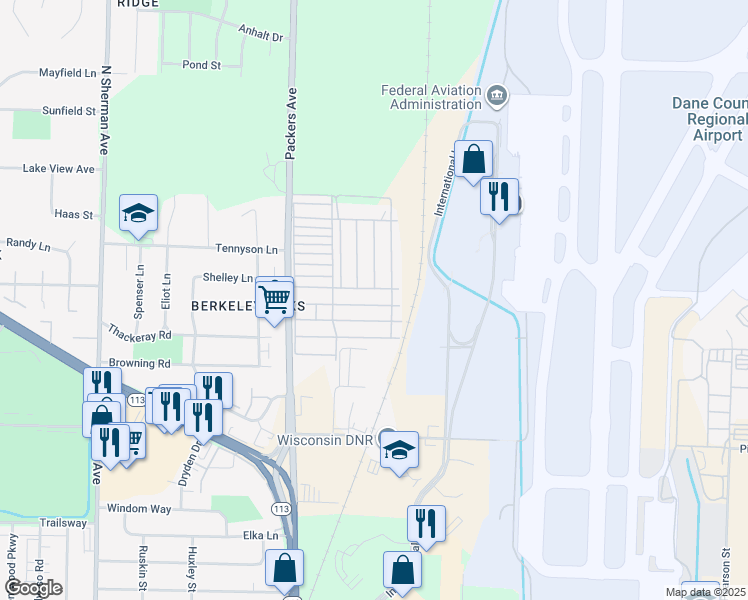 map of restaurants, bars, coffee shops, grocery stores, and more near 499 Blackbird Lane in Madison