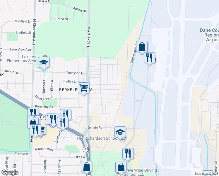 map of restaurants, bars, coffee shops, grocery stores, and more near 499 Blackbird Lane in Madison