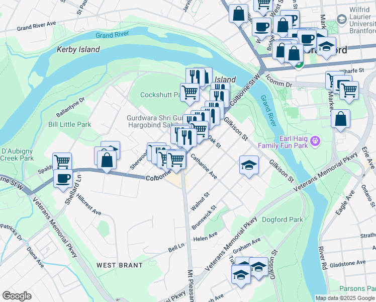 map of restaurants, bars, coffee shops, grocery stores, and more near Catherine Avenue in Brantford