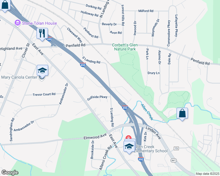 map of restaurants, bars, coffee shops, grocery stores, and more near South Landing Road in Rochester