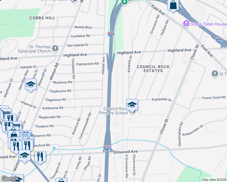 map of restaurants, bars, coffee shops, grocery stores, and more near 200 Village Lane in Rochester
