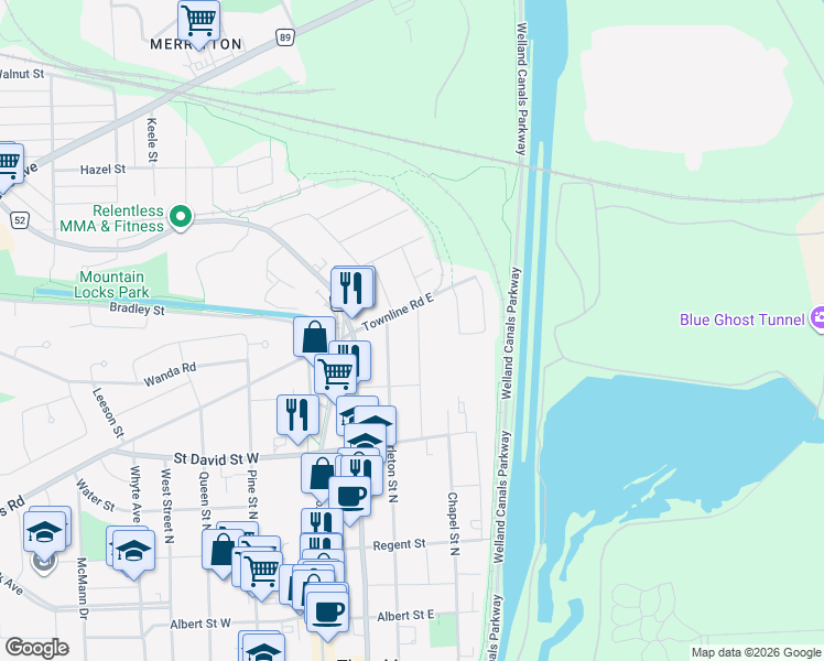 map of restaurants, bars, coffee shops, grocery stores, and more near 103 Welland Street North in Thorold