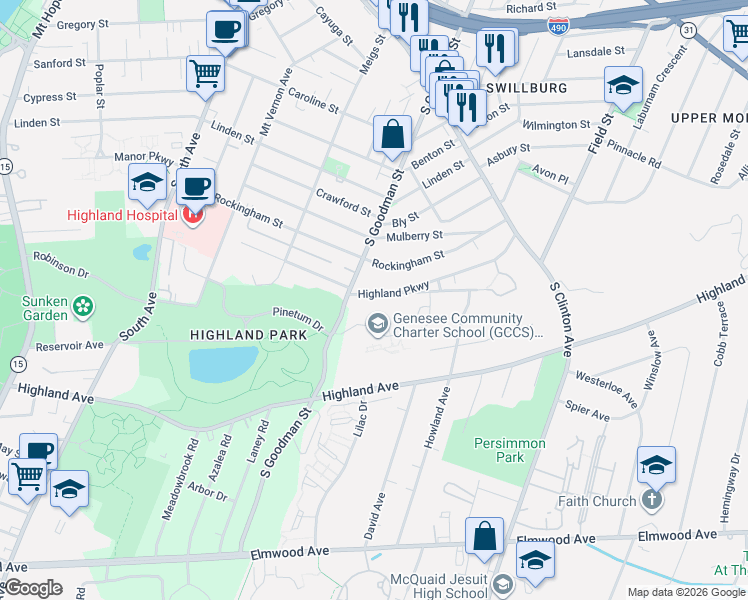 map of restaurants, bars, coffee shops, grocery stores, and more near 55 Highland Parkway in Rochester