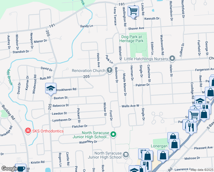 map of restaurants, bars, coffee shops, grocery stores, and more near 109 Josephine Street in North Syracuse