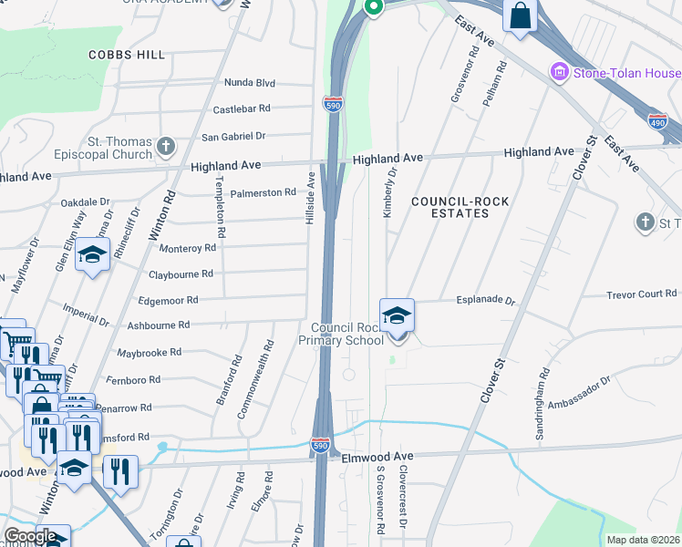 map of restaurants, bars, coffee shops, grocery stores, and more near 200 Village Lane in Rochester