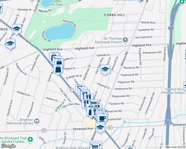 map of restaurants, bars, coffee shops, grocery stores, and more near 165 Glen Ellyn Way in Rochester