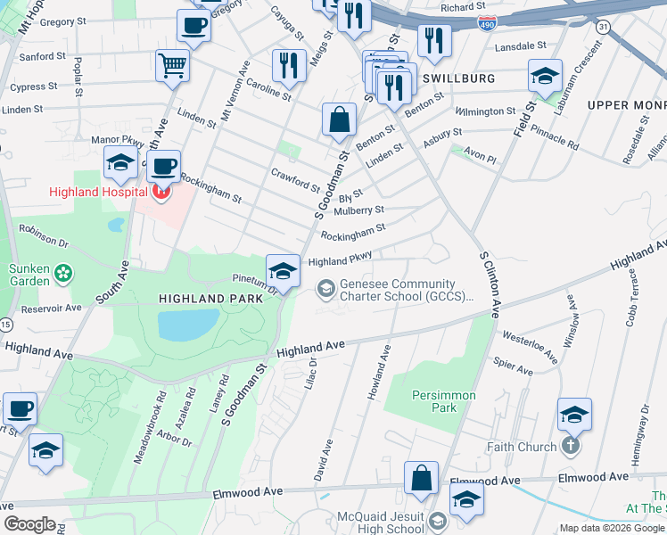 map of restaurants, bars, coffee shops, grocery stores, and more near 55 Highland Parkway in Rochester