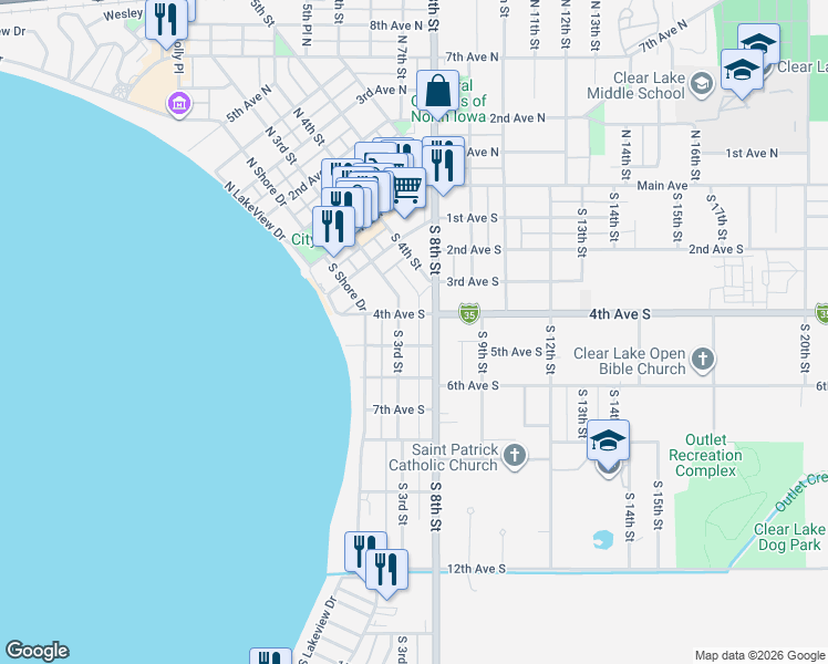 map of restaurants, bars, coffee shops, grocery stores, and more near 309 5th Ave S in Clear Lake