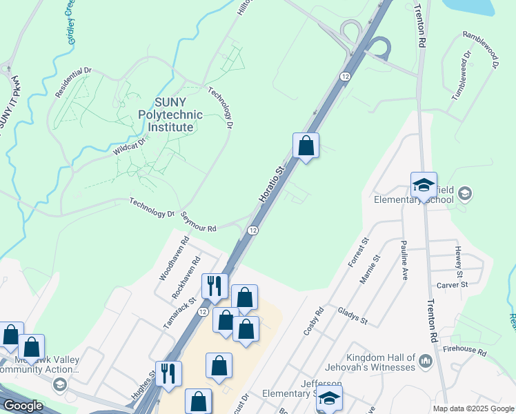 map of restaurants, bars, coffee shops, grocery stores, and more near Horatio Street in Utica