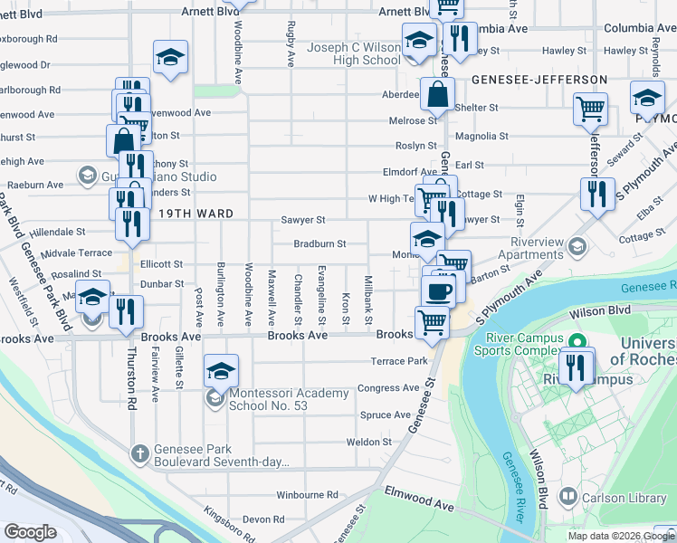 map of restaurants, bars, coffee shops, grocery stores, and more near 42 Evangeline Street in Rochester