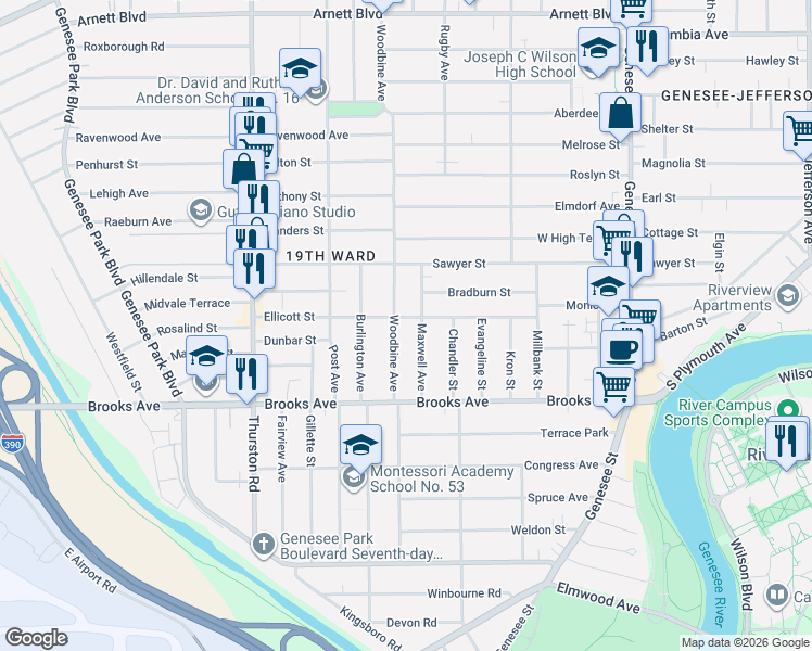 map of restaurants, bars, coffee shops, grocery stores, and more near 115 Maxwell Avenue in Rochester