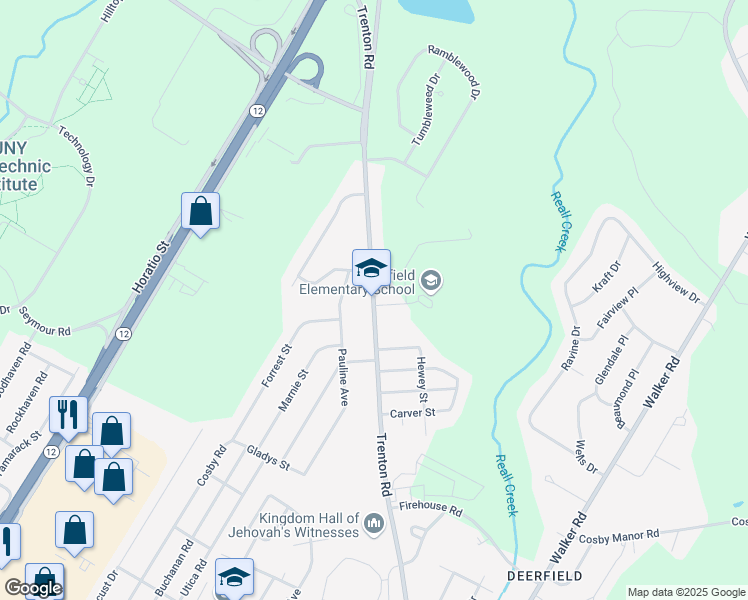 map of restaurants, bars, coffee shops, grocery stores, and more near 5604 Trenton Road in Utica