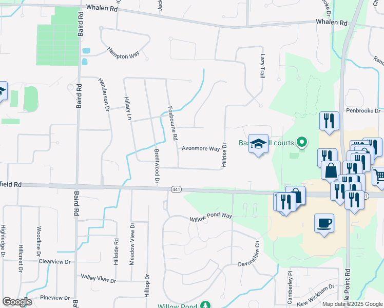 map of restaurants, bars, coffee shops, grocery stores, and more near 66 Hillrise Drive in Penfield