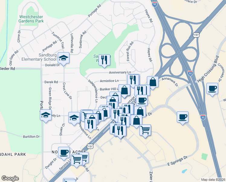 map of restaurants, bars, coffee shops, grocery stores, and more near 4613 Bunker Hill Lane in Madison