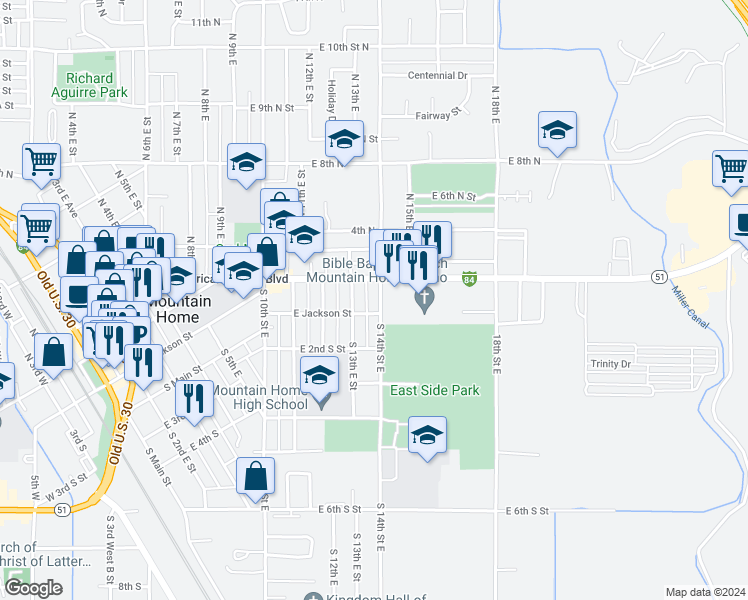 map of restaurants, bars, coffee shops, grocery stores, and more near 125 North 14th East Street in Mountain Home