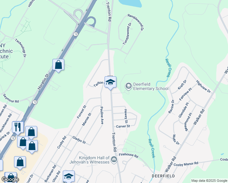 map of restaurants, bars, coffee shops, grocery stores, and more near 5604 Trenton Road in Utica