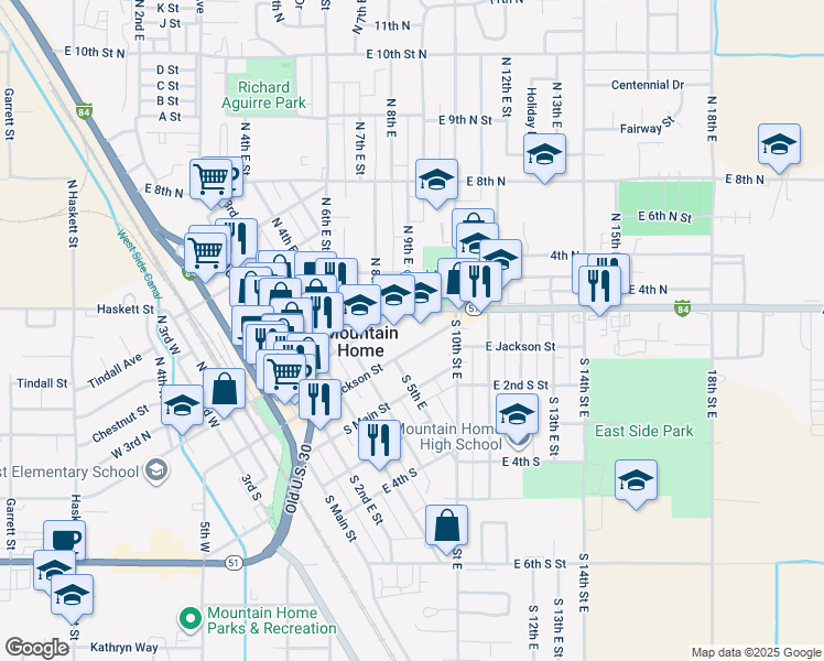 map of restaurants, bars, coffee shops, grocery stores, and more near 550 East Jackson Street in Mountain Home