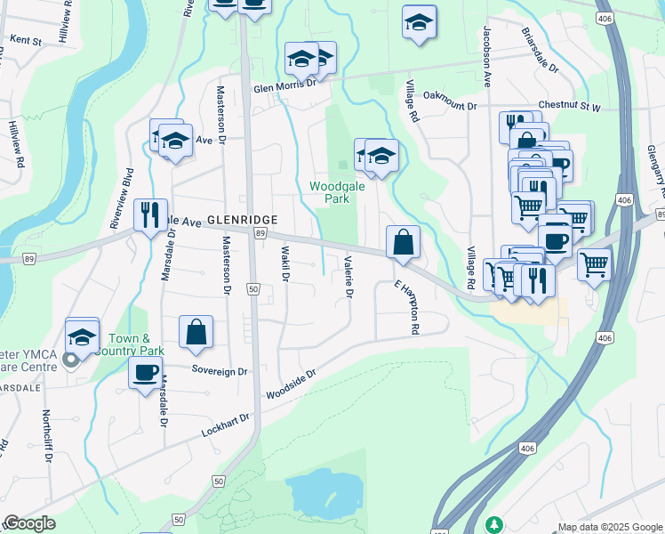 map of restaurants, bars, coffee shops, grocery stores, and more near 150 Glendale Avenue in St. Catharines