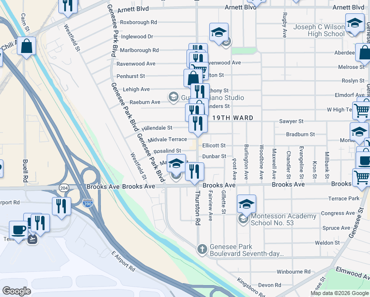 map of restaurants, bars, coffee shops, grocery stores, and more near 32 Rosalind Street in Rochester