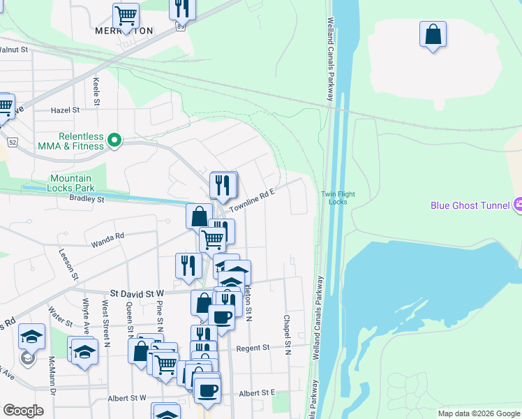 map of restaurants, bars, coffee shops, grocery stores, and more near 105 Welland Street North in Thorold