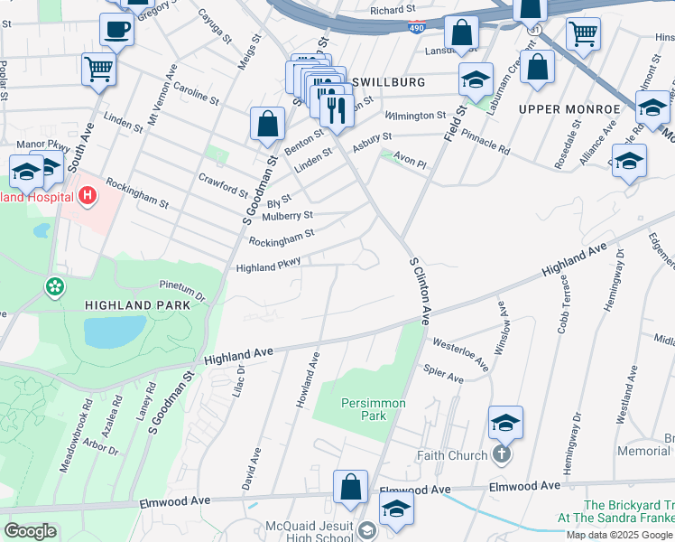 map of restaurants, bars, coffee shops, grocery stores, and more near Howland Avenue in Rochester