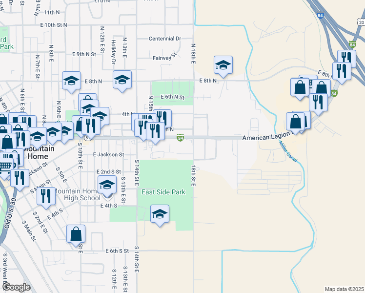 map of restaurants, bars, coffee shops, grocery stores, and more near 1750 American Legion Boulevard in Mountain Home