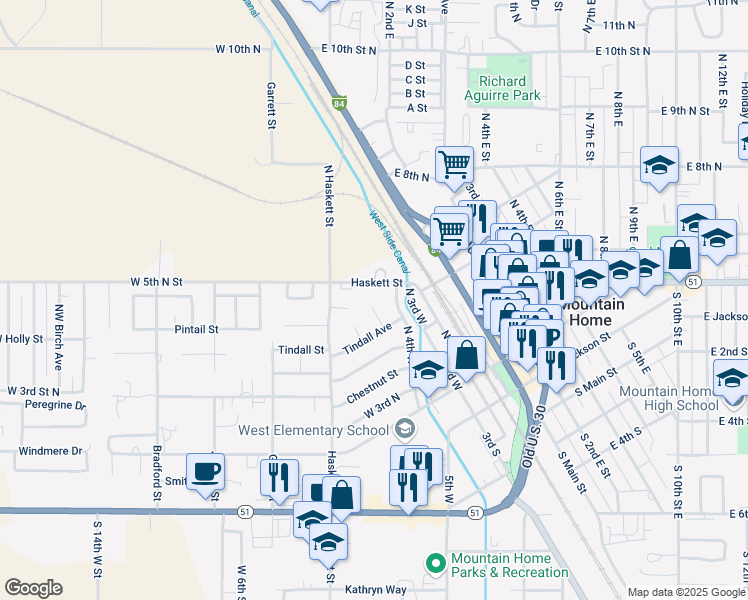 map of restaurants, bars, coffee shops, grocery stores, and more near 455 North Haskett Street in Mountain Home