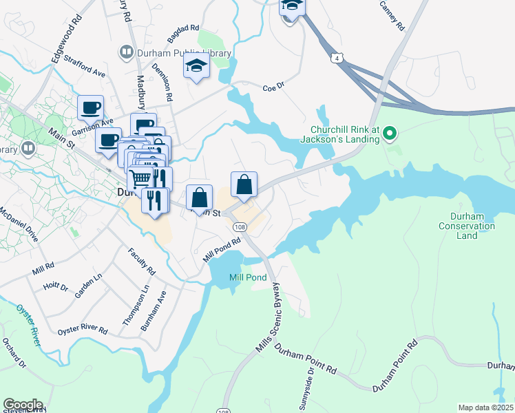 map of restaurants, bars, coffee shops, grocery stores, and more near 12 Dover Road in Durham