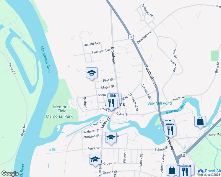 map of restaurants, bars, coffee shops, grocery stores, and more near 24 Prospect Street in Suncook