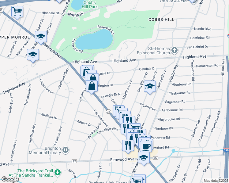 map of restaurants, bars, coffee shops, grocery stores, and more near 109 Warrington Drive in Rochester