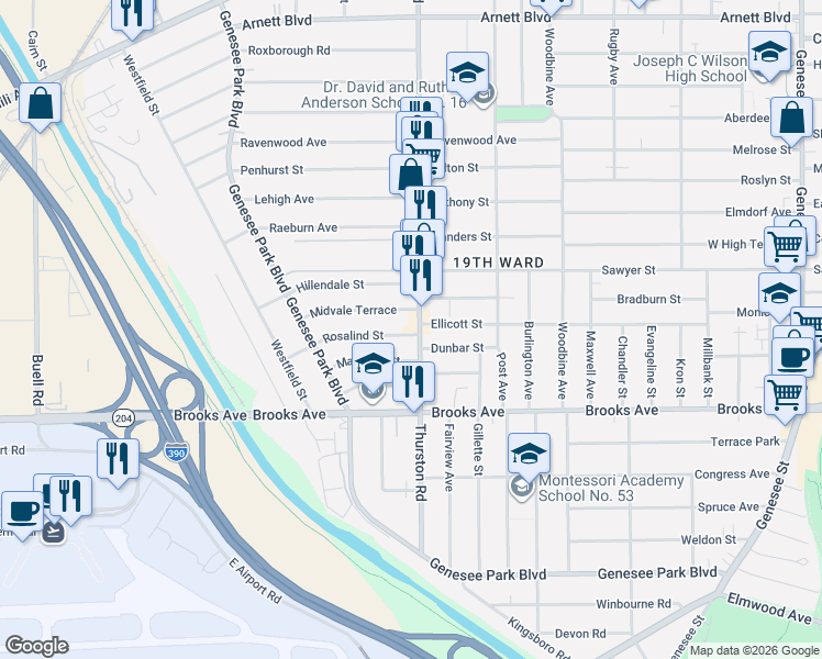 map of restaurants, bars, coffee shops, grocery stores, and more near 32 Midvale Terrace in Rochester