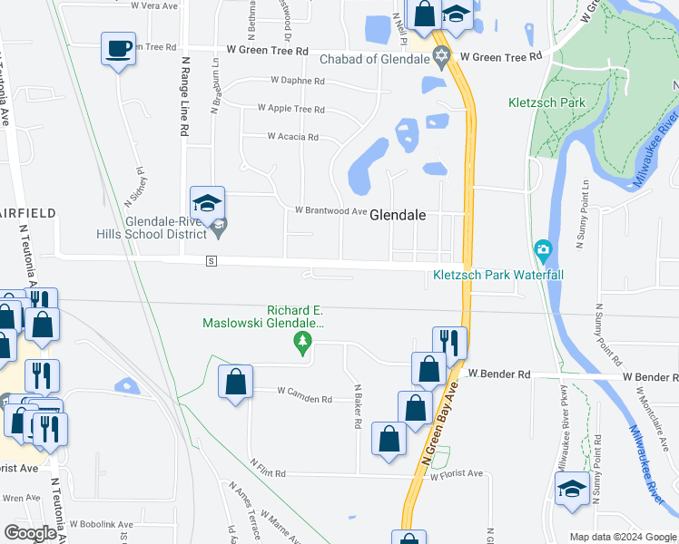 map of restaurants, bars, coffee shops, grocery stores, and more near 2208 West Mill Road in Glendale