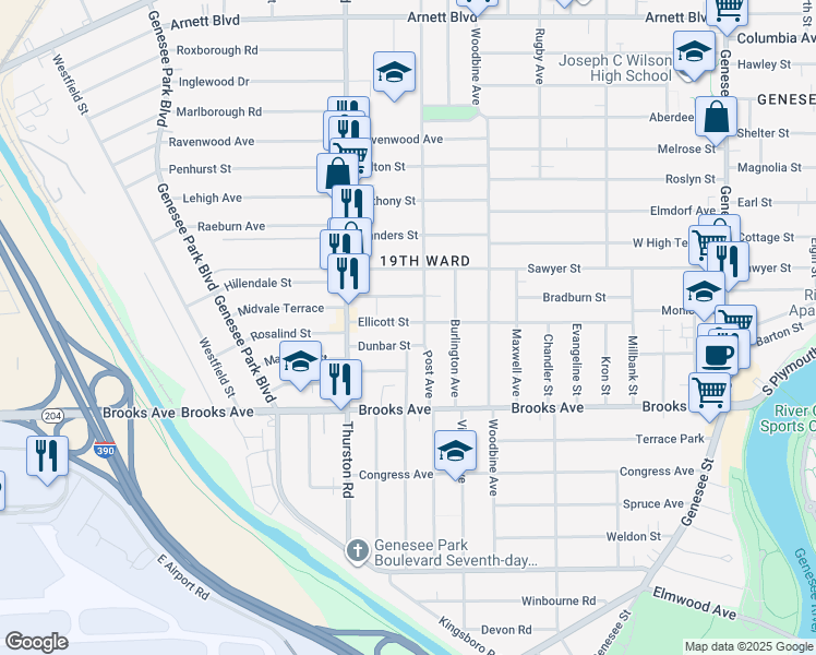 map of restaurants, bars, coffee shops, grocery stores, and more near 313 Ellicott Street in Rochester