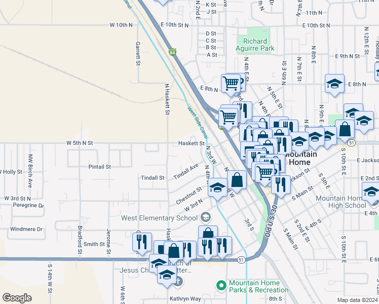 map of restaurants, bars, coffee shops, grocery stores, and more near 455 North Haskett Street in Mountain Home