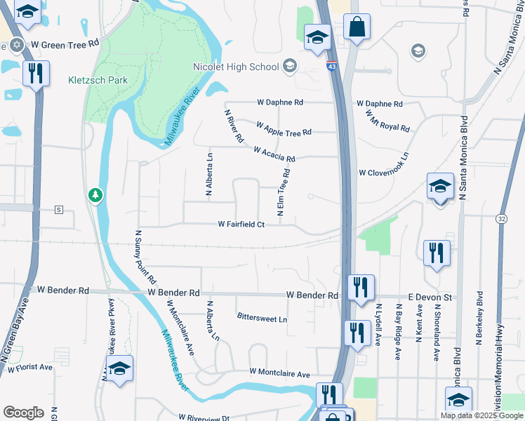map of restaurants, bars, coffee shops, grocery stores, and more near 6410 North Bittersweet Lane in Glendale