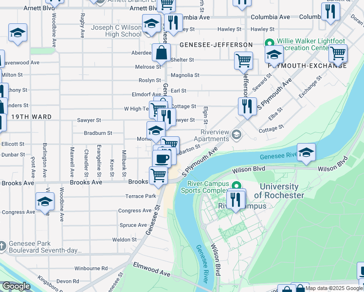 map of restaurants, bars, coffee shops, grocery stores, and more near 836 Seward Street in Rochester