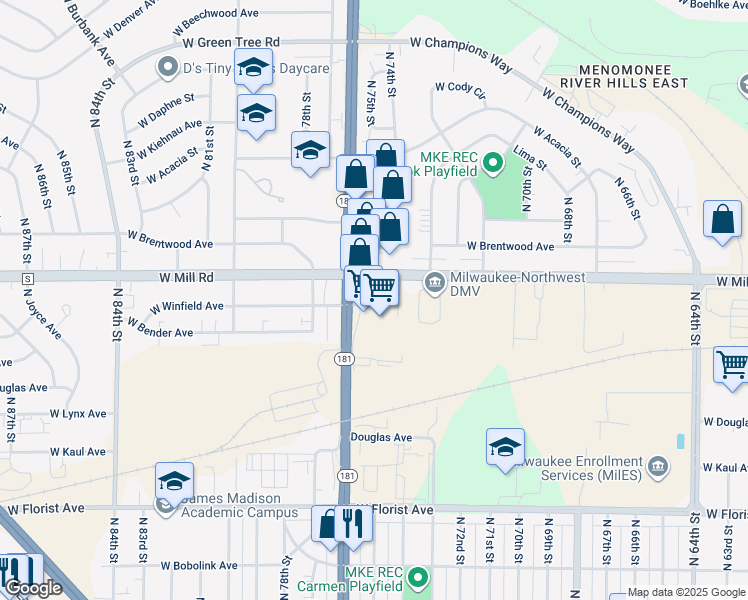 map of restaurants, bars, coffee shops, grocery stores, and more near in Milwaukee