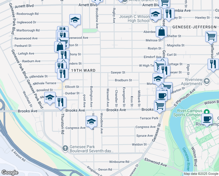 map of restaurants, bars, coffee shops, grocery stores, and more near 155 Ellicott Street in Rochester