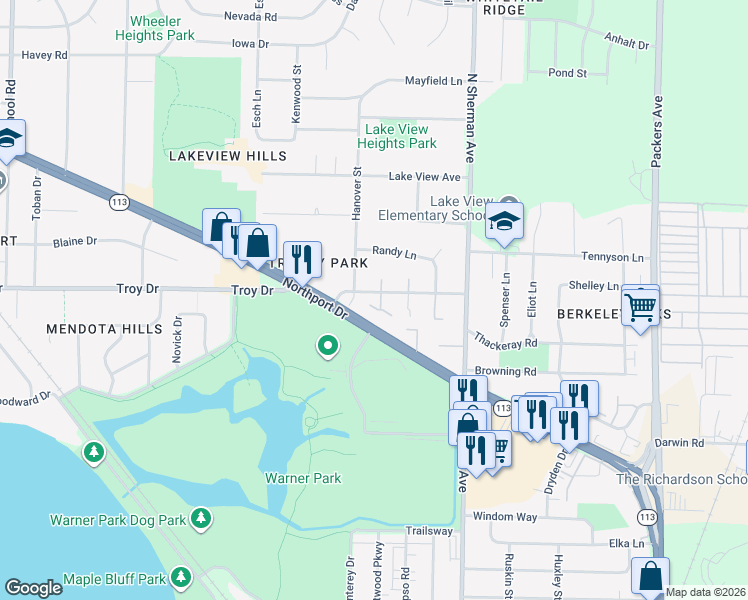 map of restaurants, bars, coffee shops, grocery stores, and more near 1613 Troy Drive in Madison